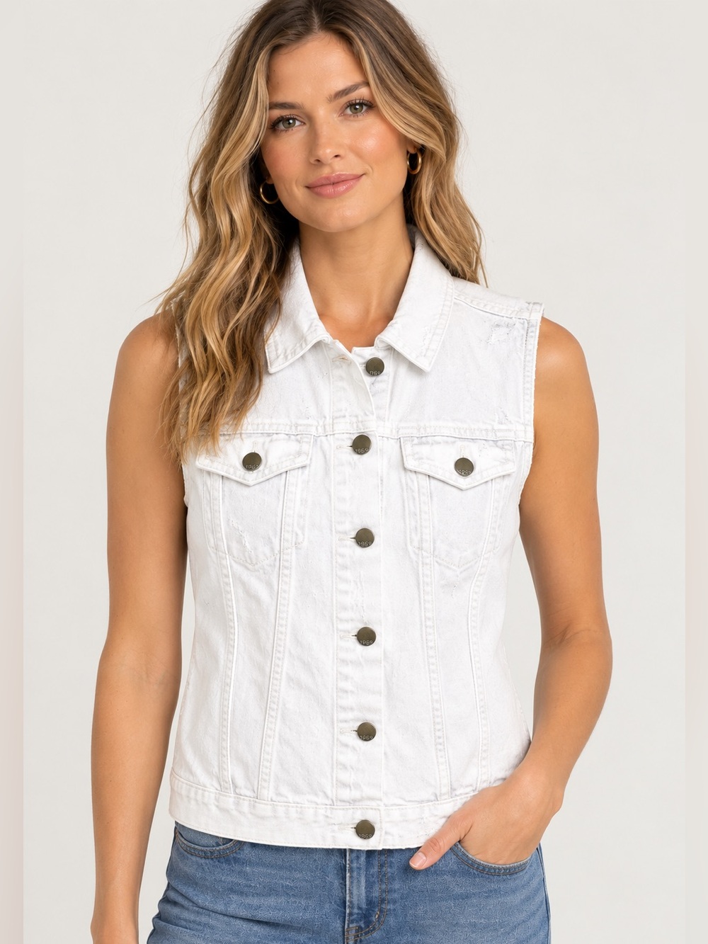 GAP 1969 Vintage Y2K White Sleeveless Distressed Denim Vest with Button Front!